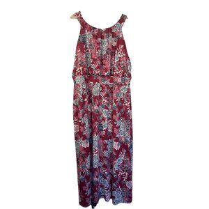 Meri Skye Dress 4X Plus Sleeveless Sheath Burgundy Floral Midi‎ Stretch Office